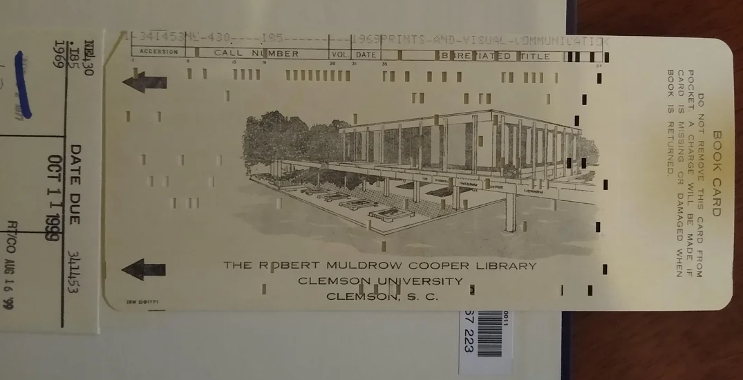 punch card for a book from Clemson's Cooper Library