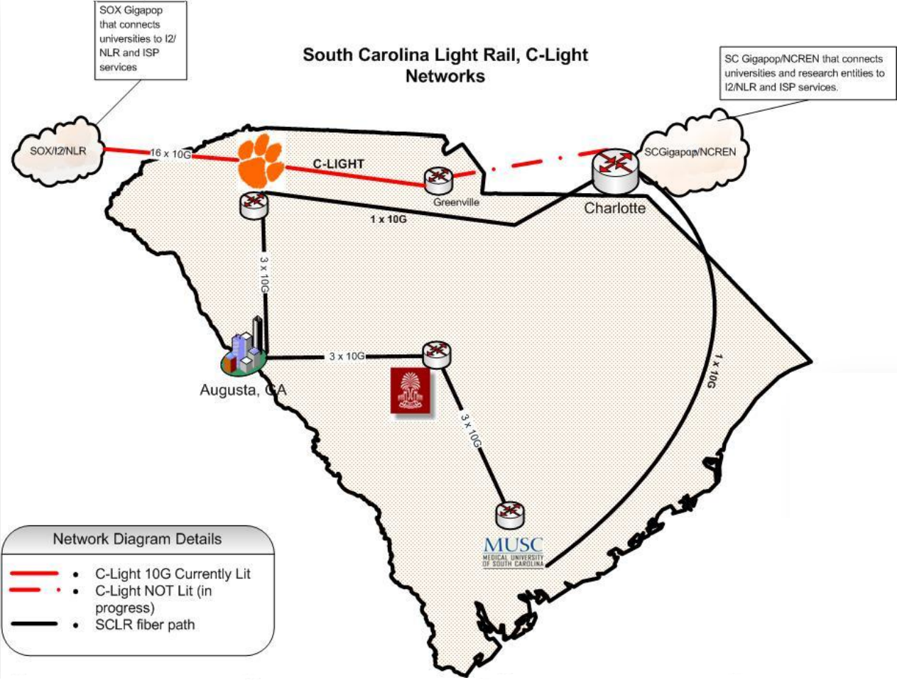 map of South Carolina and C-Light and SC Light Rail connections