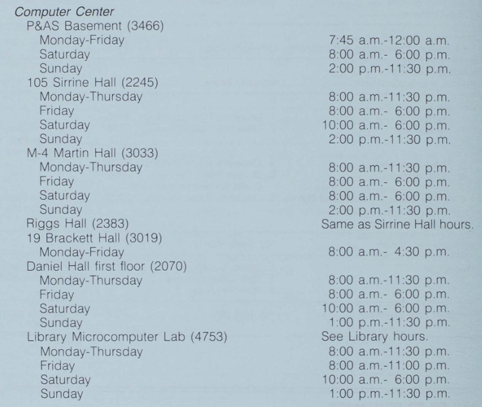 1986-1987 computer labs operating hours